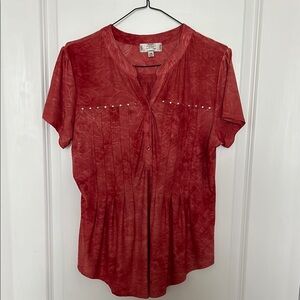 Burnt Orange /Red Pleated Blouse with Mandarin Collar and Short Sleeves